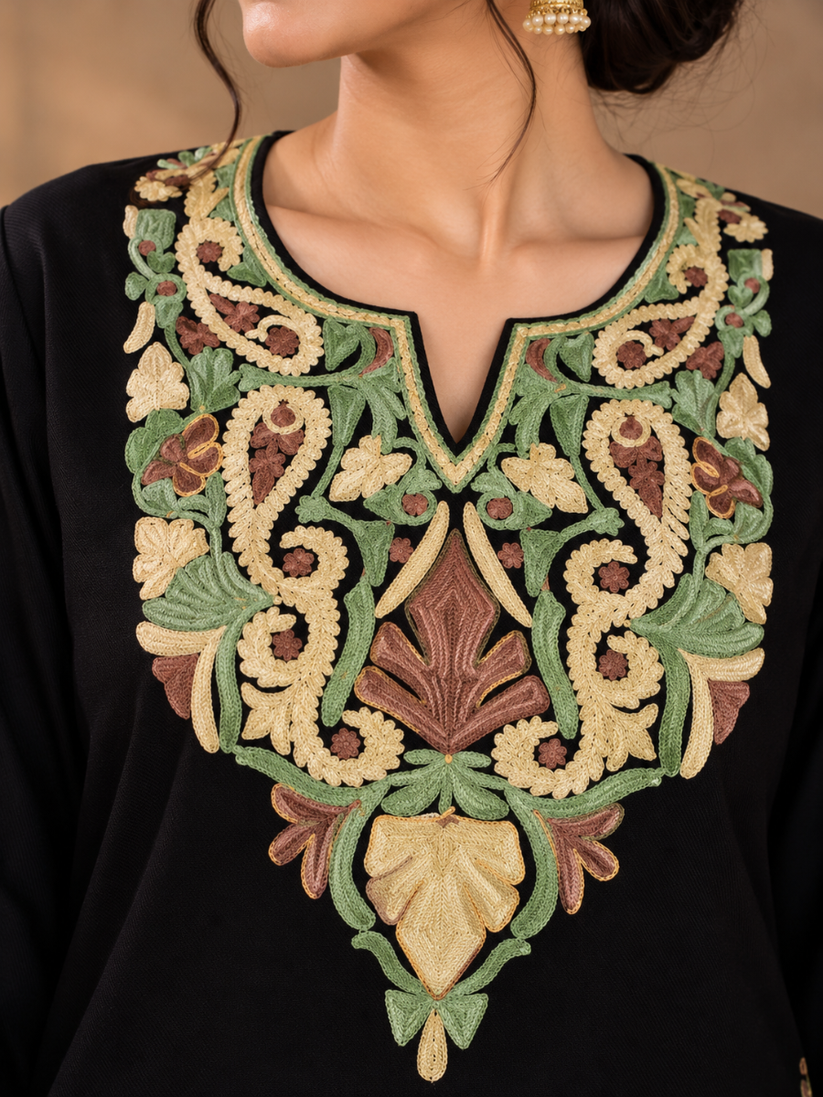 Black Kashmiri Pheran with Sage Green & Beige Paisley Embroidery – KAARKASH