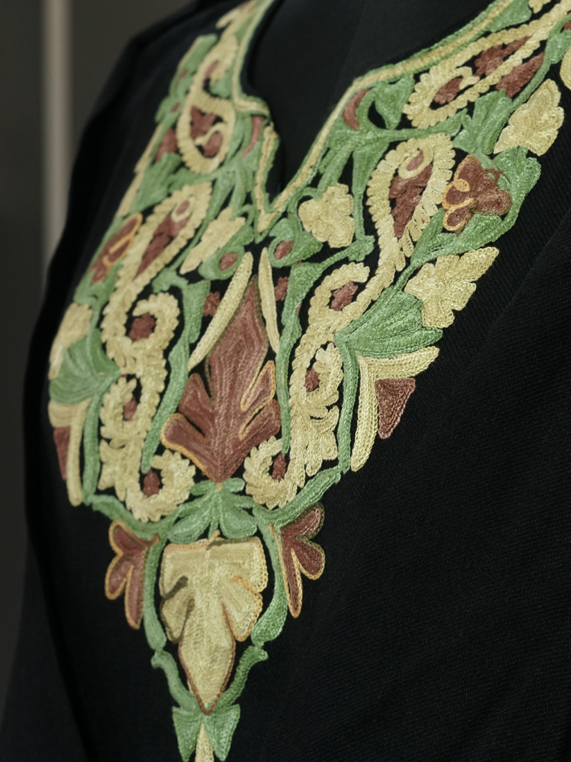 Black Kashmiri Pheran with Sage Green & Beige Paisley Embroidery – KAARKASH