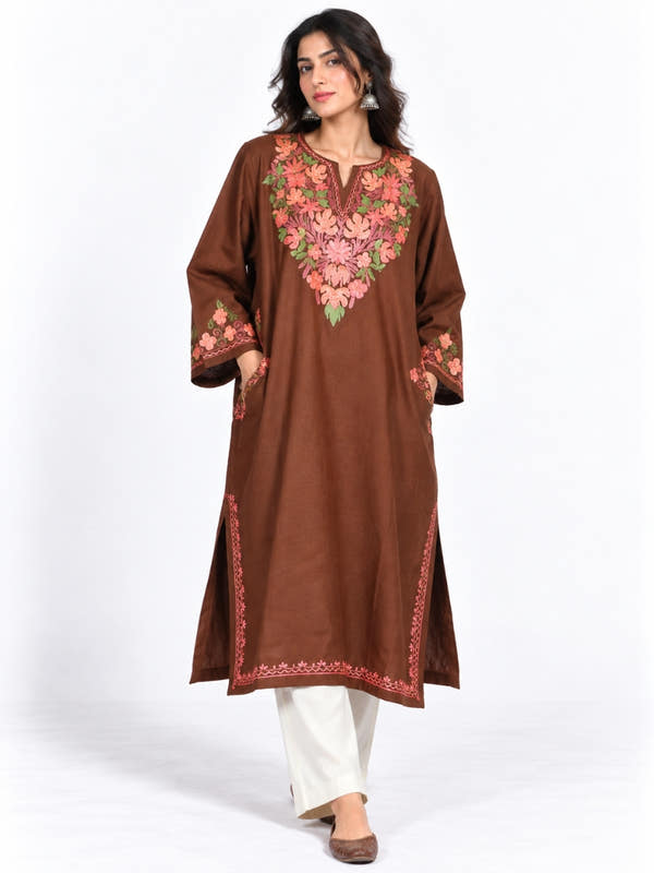 Brown Kashmiri Pheran with Coral Floral Embroidery – KAARKASH