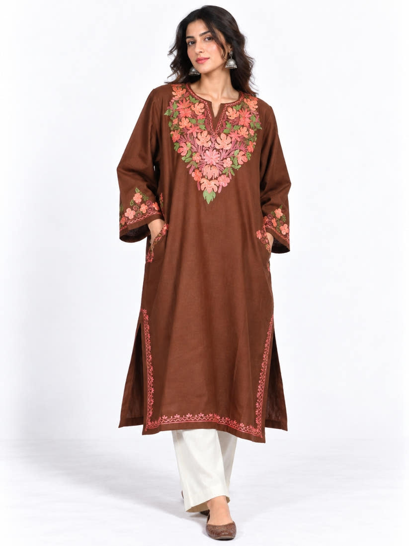 Brown Kashmiri Pheran with Coral Floral Embroidery – KAARKASH