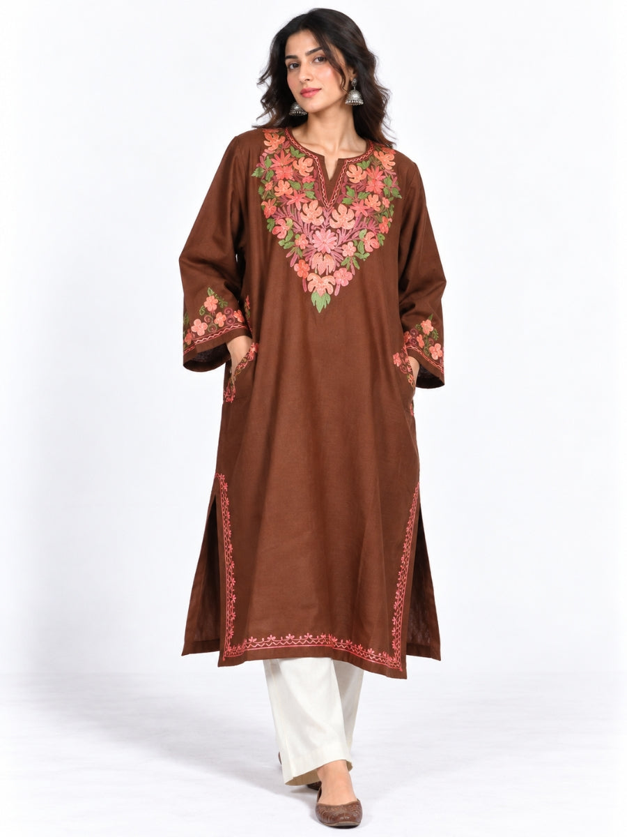Brown Kashmiri Pheran with Coral Floral Embroidery – KAARKASH