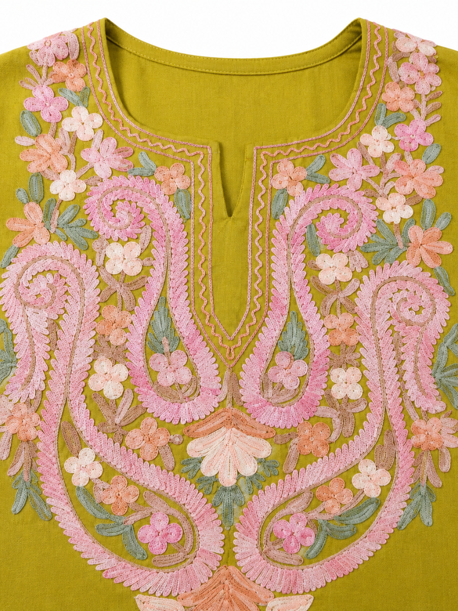 Noor : Kashmiri Aari embroidery summer Co-Ord Set | Olive Green