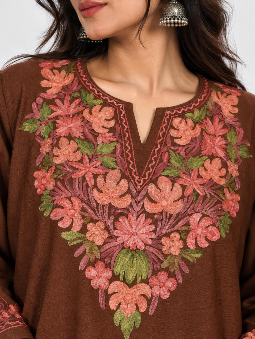 Brown Kashmiri Pheran with Coral Floral Embroidery – KAARKASH