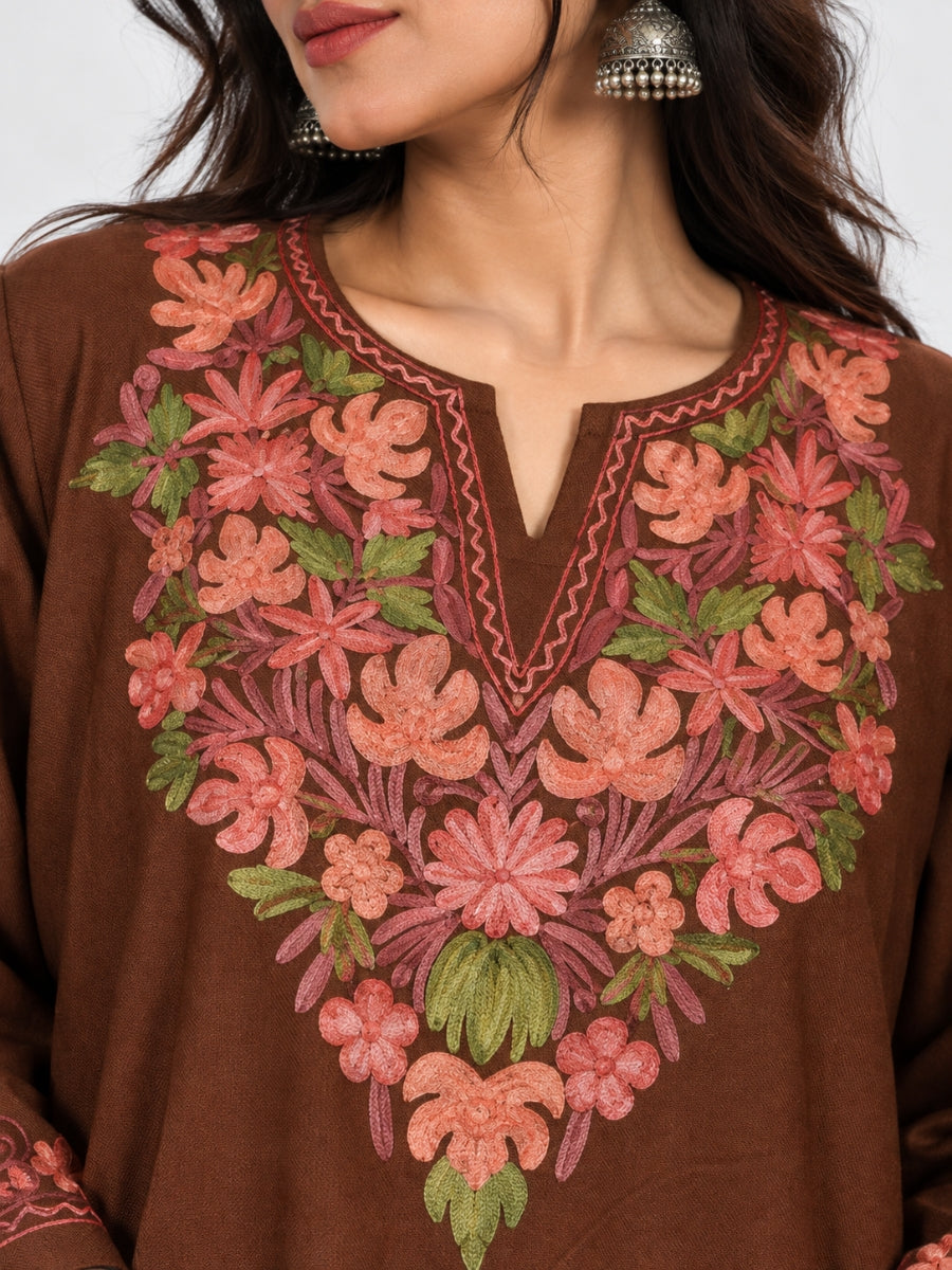 Brown Kashmiri Pheran with Coral Floral Embroidery – KAARKASH