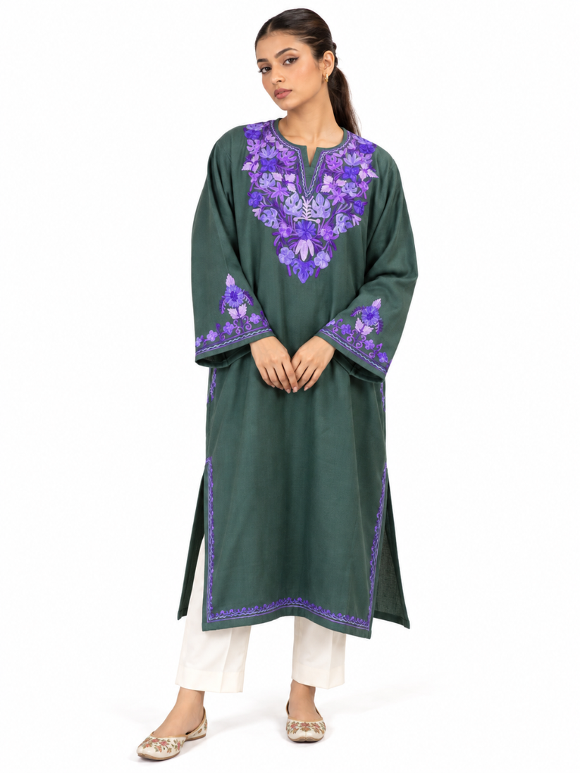 Dark Green Kashmiri Pheran with Purple Floral Embroidery – KAARKASH