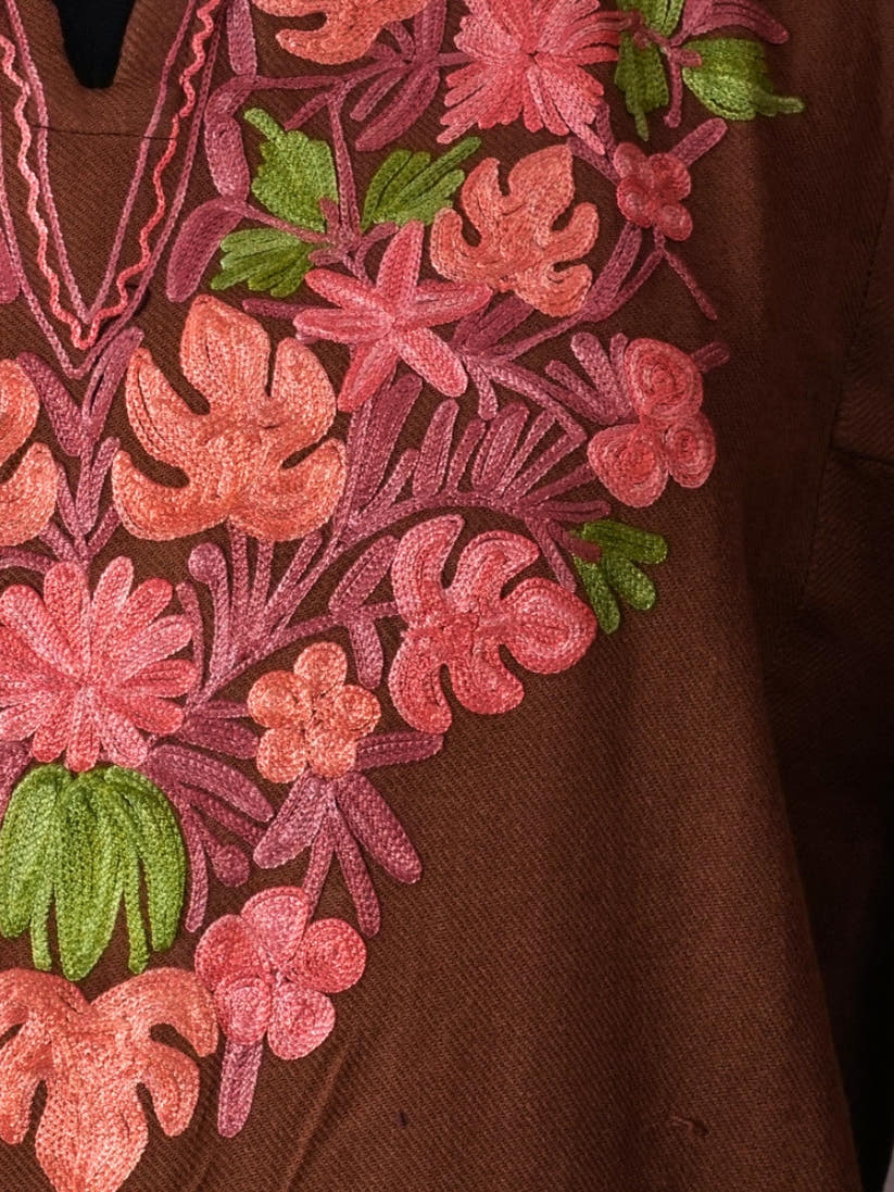 Brown Kashmiri Pheran with Coral Floral Embroidery – KAARKASH