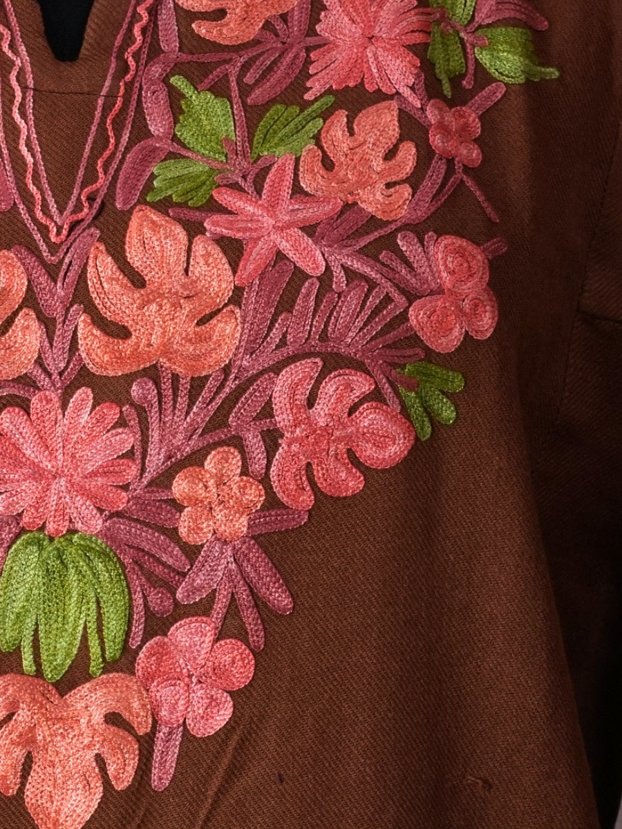 Brown Kashmiri Pheran with Coral Floral Embroidery – KAARKASH