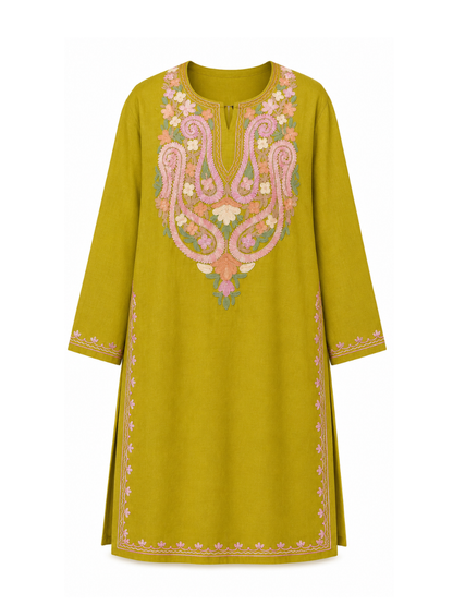 Noor : Kashmiri Aari embroidery summer Co-Ord Set | Olive Green