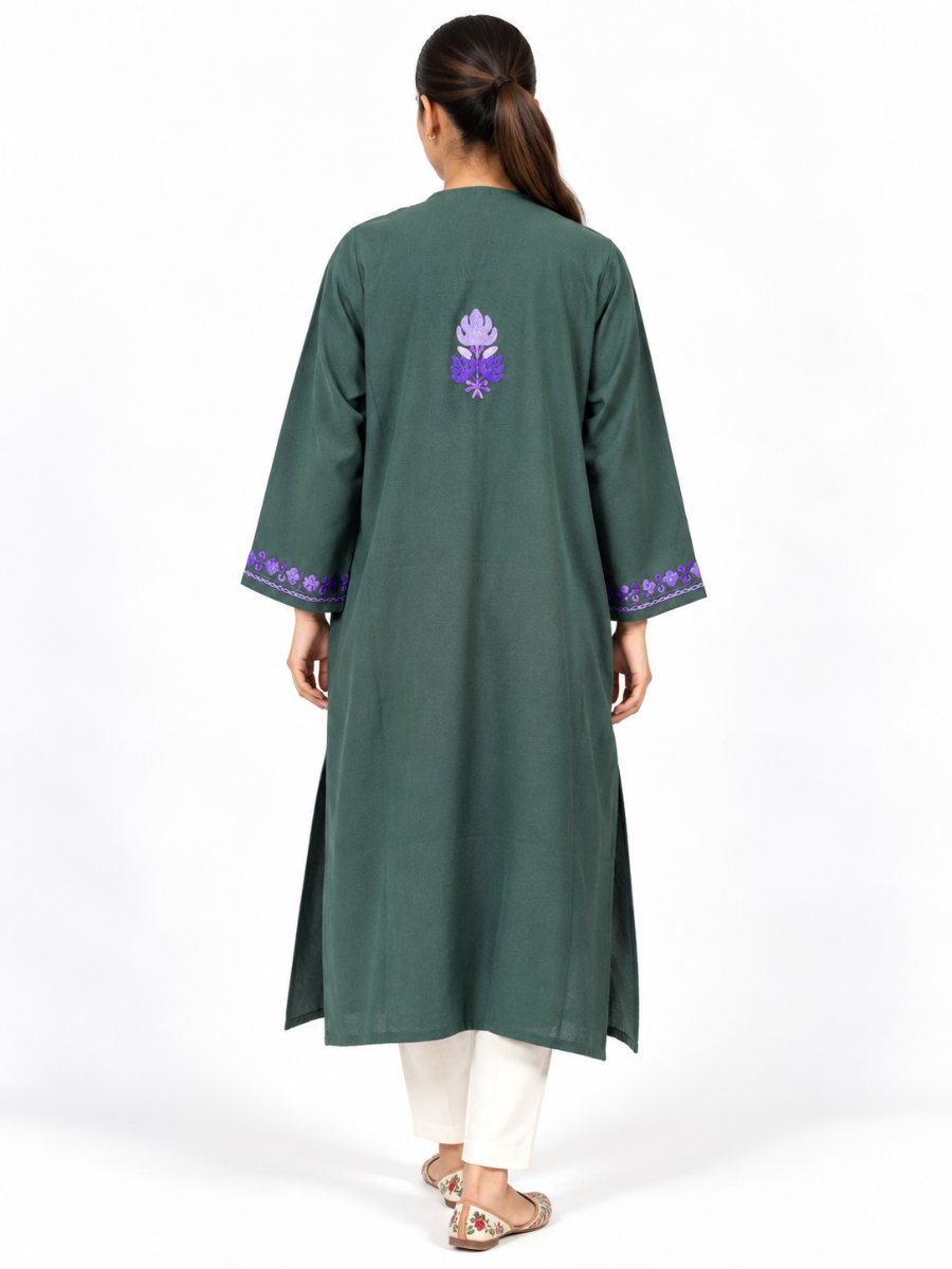 Dark Green Kashmiri Pheran with Purple Floral Embroidery – KAARKASH