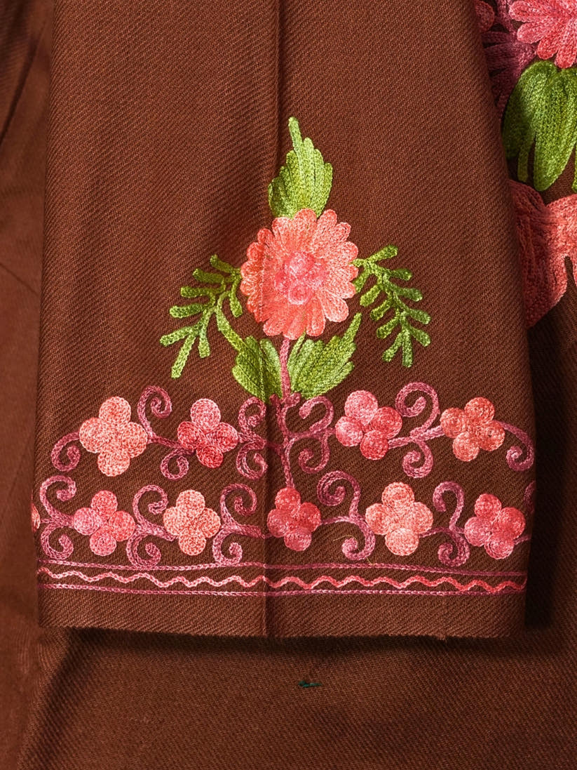 Brown Kashmiri Pheran with Coral Floral Embroidery – KAARKASH