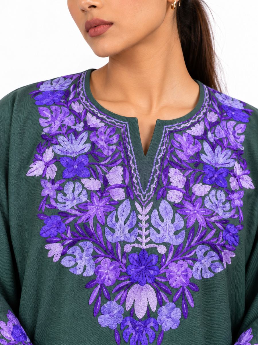 Dark Green Kashmiri Pheran with Purple Floral Embroidery – KAARKASH