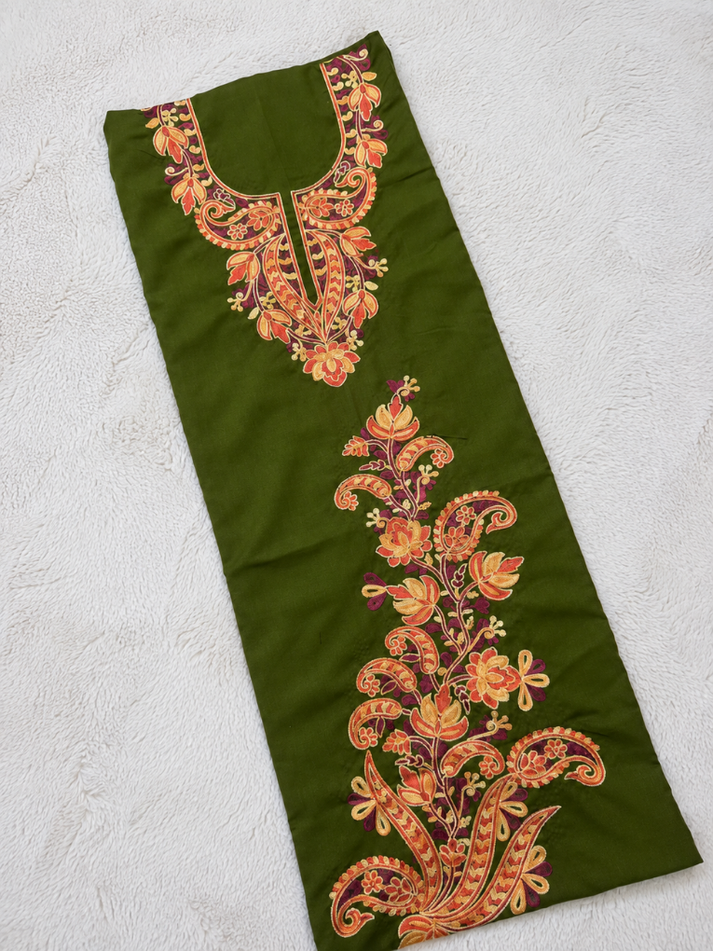 Gul Kashmiri Aari 2 Piece Unstitched Suit  |  Dark Green