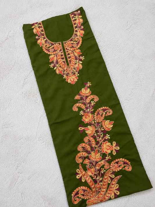 Gul Kashmiri Aari 2 Piece Unstitched Suit  |  Dark Green