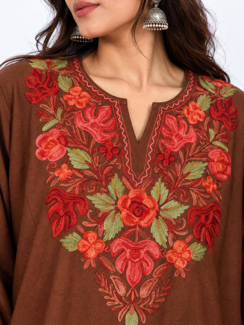 Brown Kashmiri Pheran with Red Rose Chinar Embroidery – KAARKASH