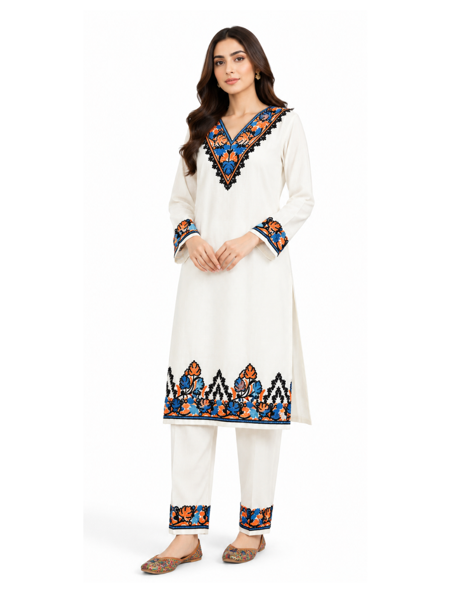 Noor : Kashmiri Aari embroidery summer Co-Ord Set | Light Gray