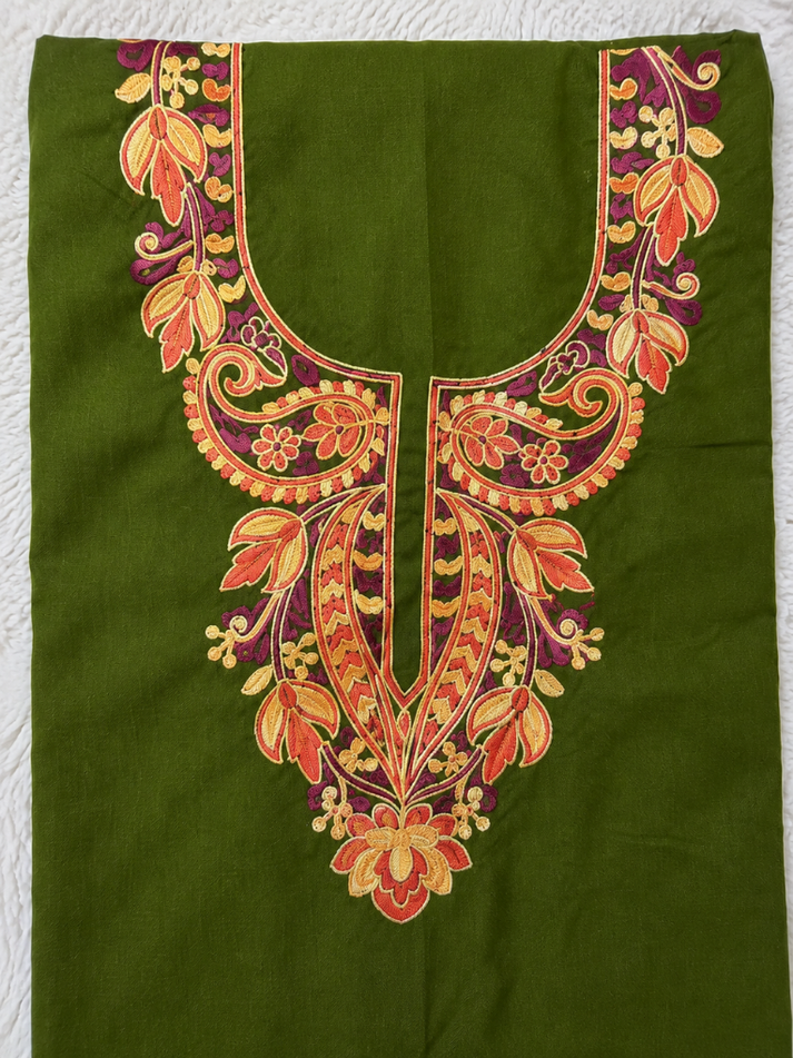 Gul Kashmiri Aari 2 Piece Unstitched Suit  |  Dark Green