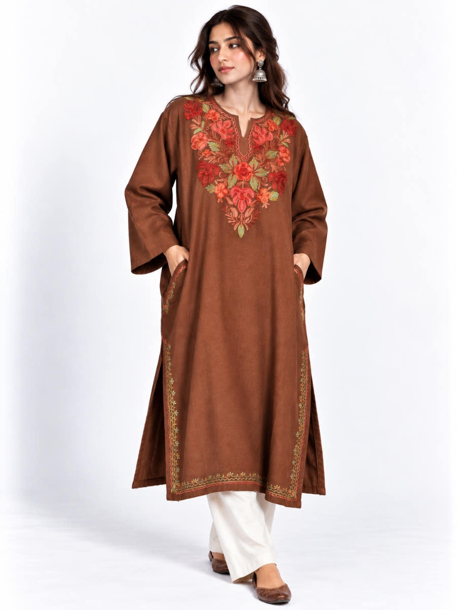 Brown Kashmiri Pheran with Red Rose Chinar Embroidery | Manual Aari Embroidered Wool Phiran