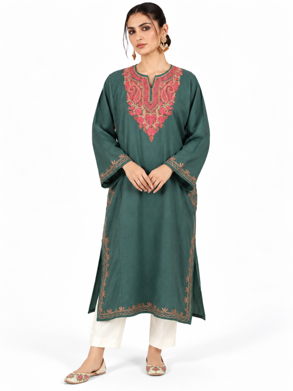 Dark Green Kashmiri Pheran with Pink Floral Embroidery – KAARKASH