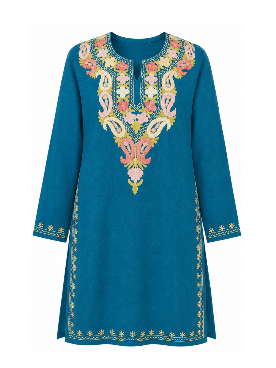 Kashmiri Manual Aari worked cotton Co-Ord Set | Dark Teal