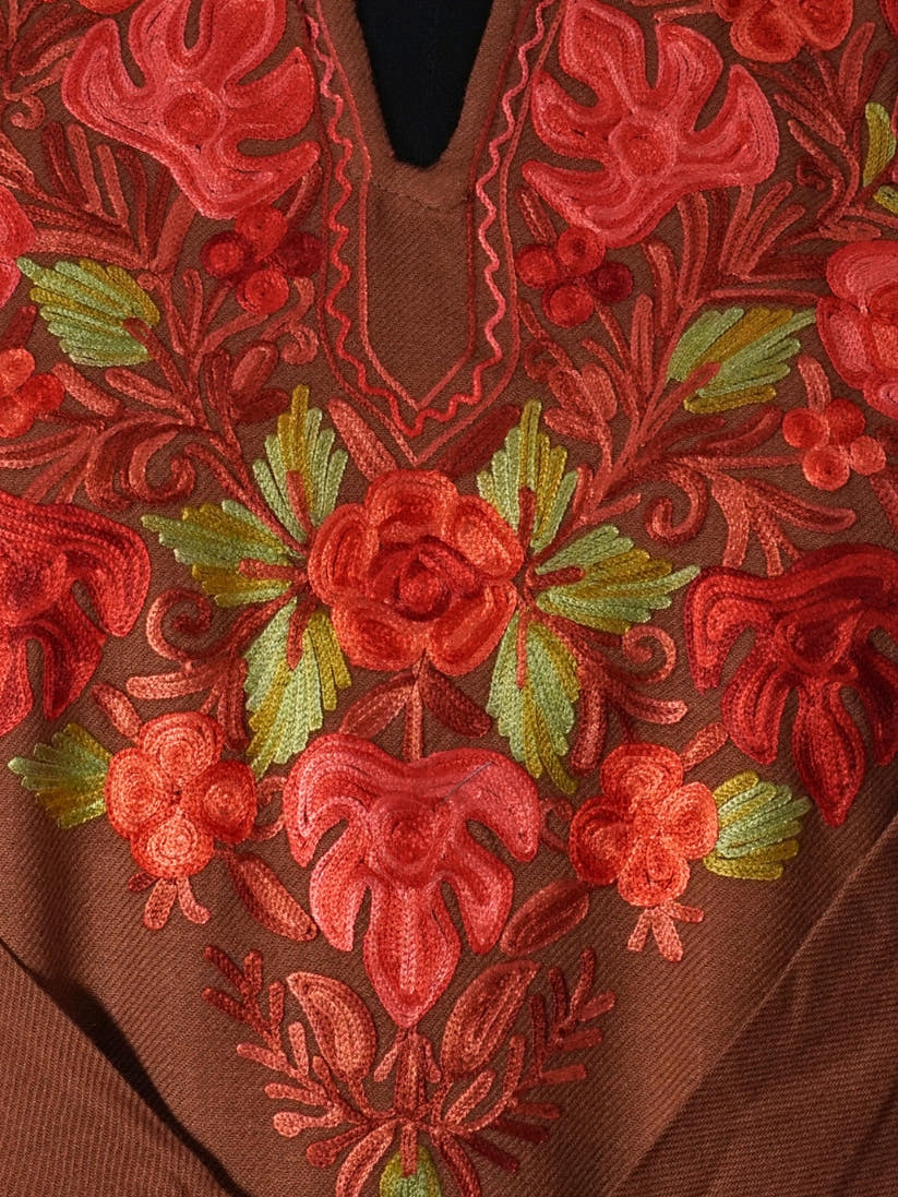 Brown Kashmiri Pheran with Red Rose Chinar Embroidery – KAARKASH