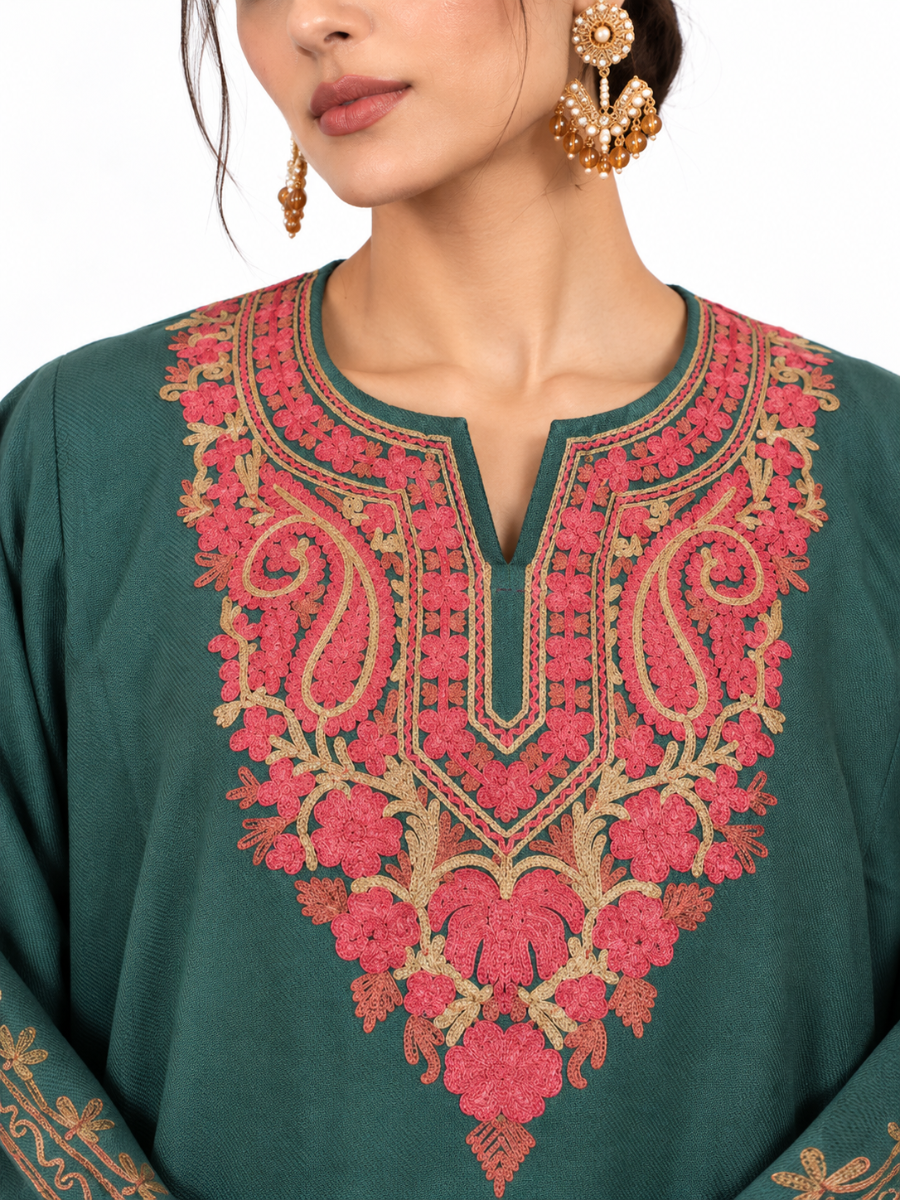 Dark Green Kashmiri Pheran with Pink Floral Embroidery – KAARKASH