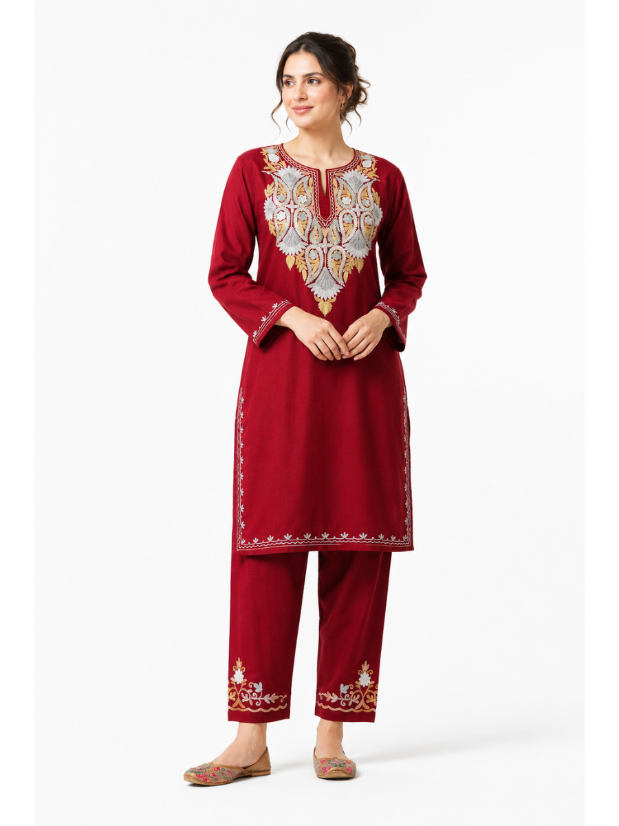Kashmir Aari cotton Co-Ord Set | Plum