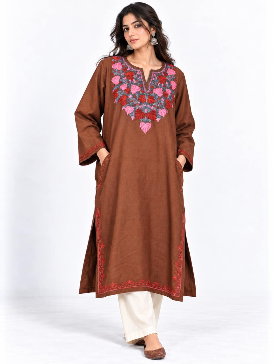 Brown Kashmiri Pheran with Red and Pink Pamposh Embroidery | Manual Aari Embroidered Wool Phiran