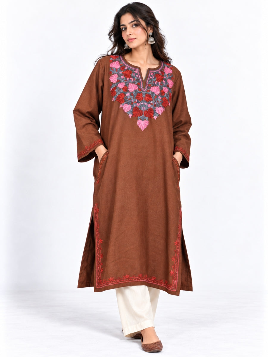 Brown Kashmiri Pheran with Red and Pink Pamposh Embroidery – KAARKASH