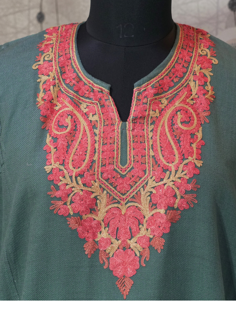 Dark Green Kashmiri Pheran with Pink Floral Embroidery – KAARKASH