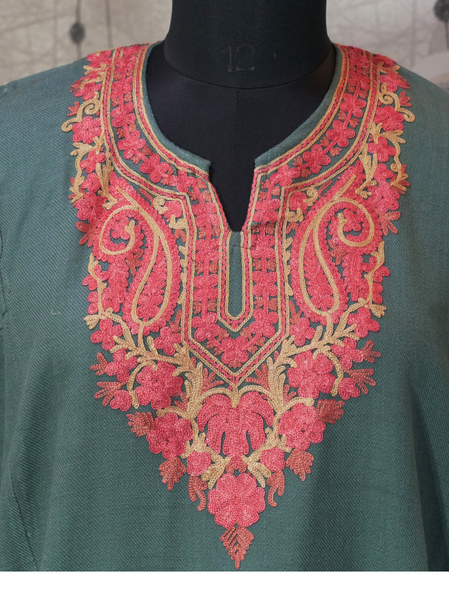 Dark Green Kashmiri Pheran with Pink Floral Embroidery – KAARKASH