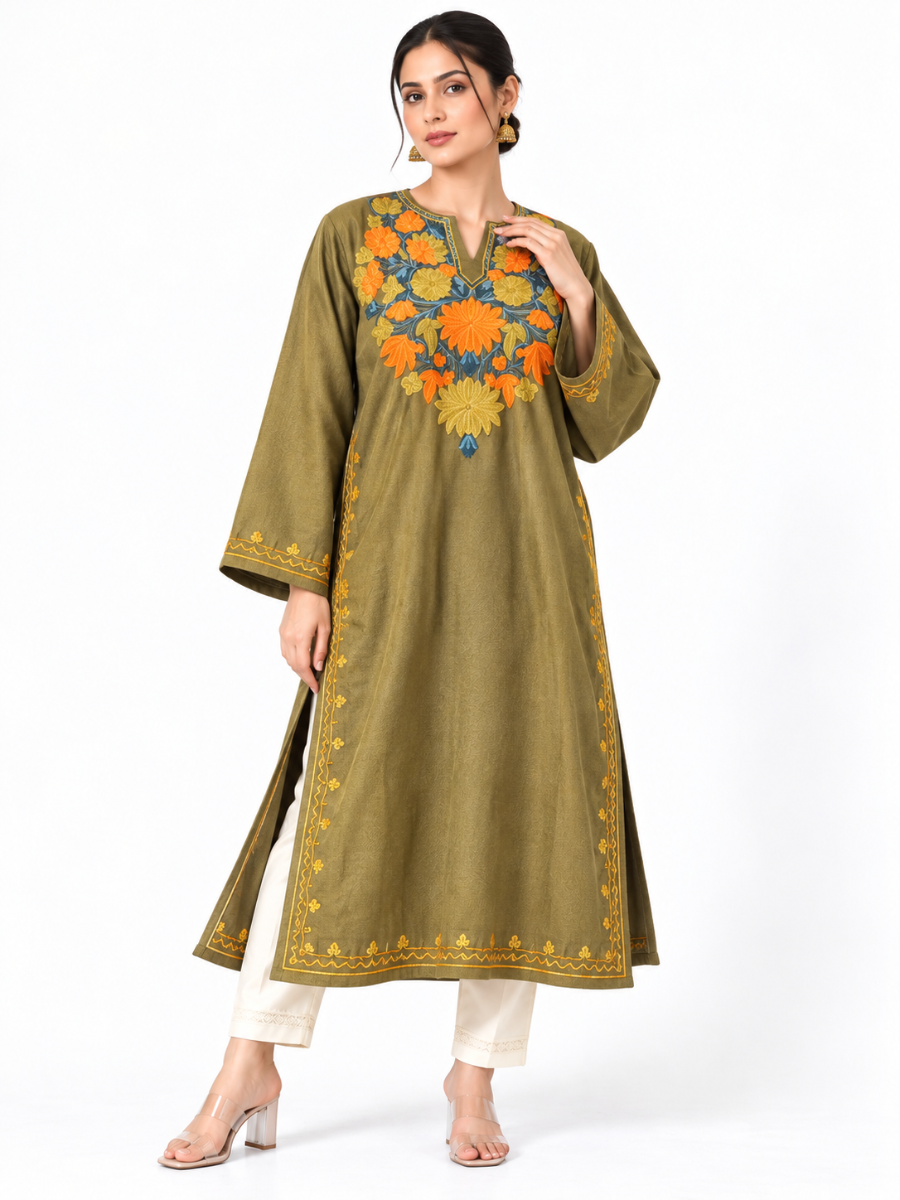Gulposh Royal Kashmiri Pheran | Pure Raffel Wool | Mustard