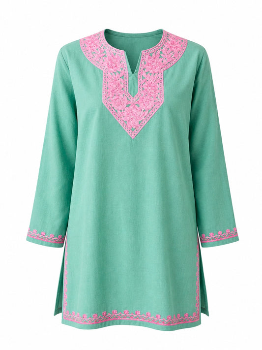 Noor : Aari embroidery summer kurti | Ocean Teal