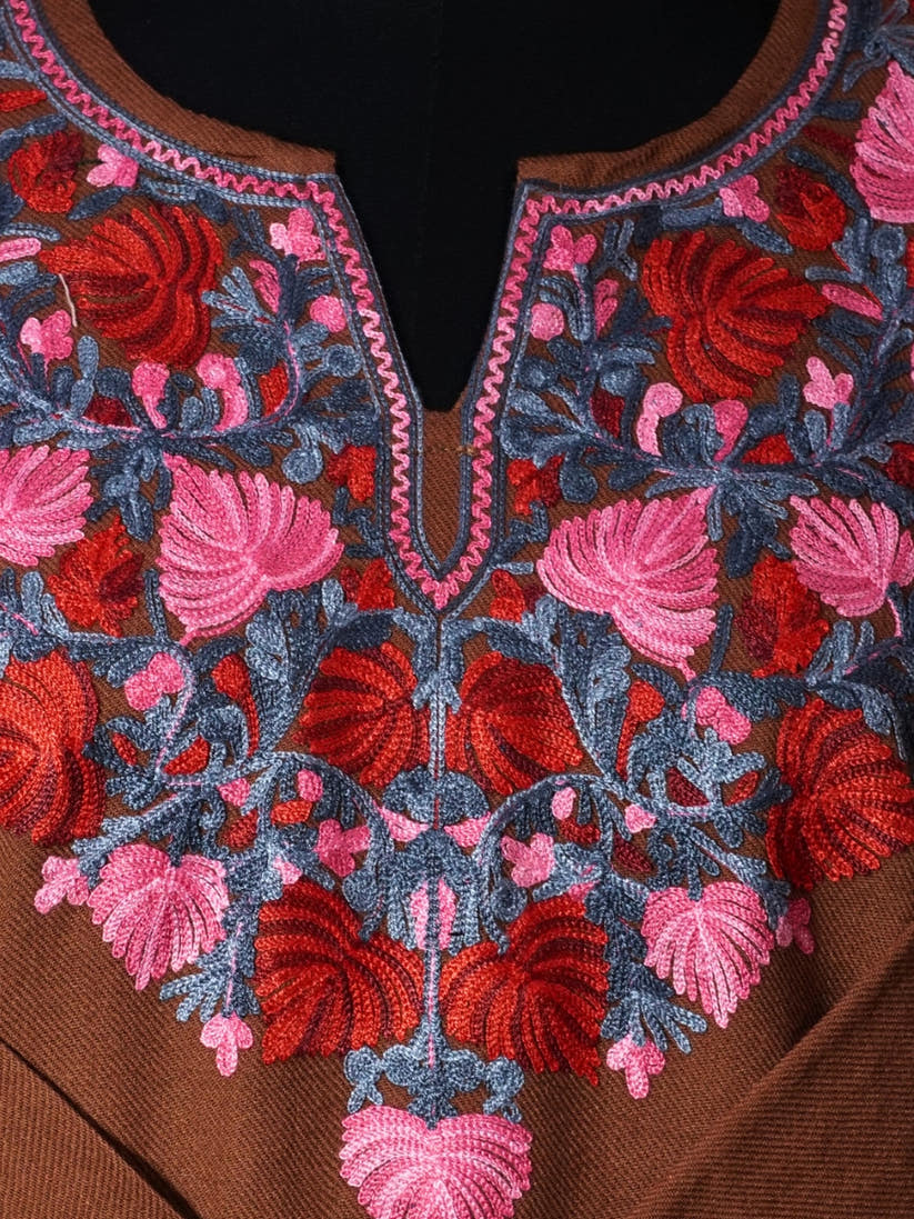 Brown Kashmiri Pheran with Red and Pink Pamposh Embroidery – KAARKASH