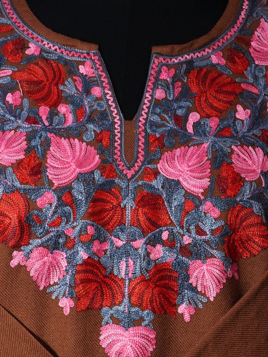 Brown Kashmiri Pheran with Red and Pink Pamposh Embroidery – KAARKASH