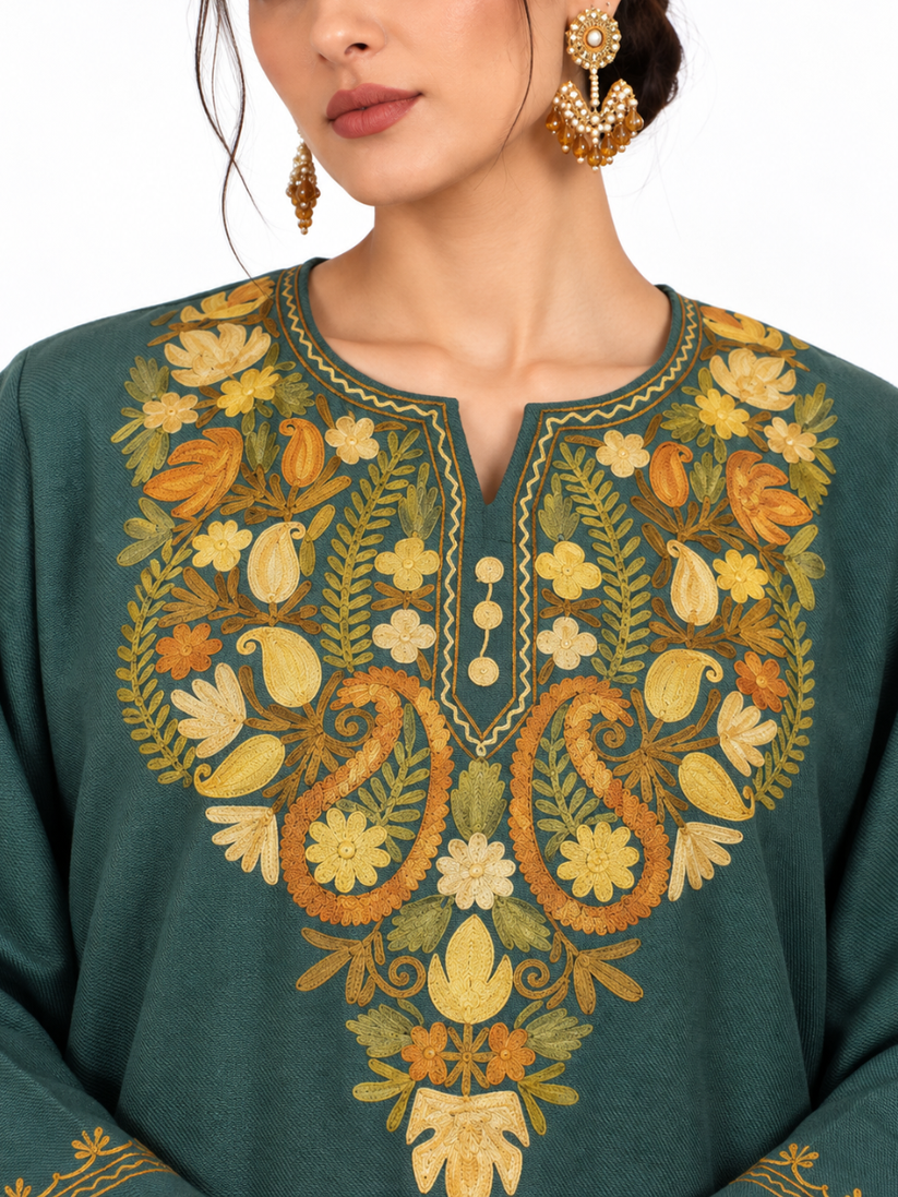 Dark Green Kashmiri Pheran with Golden Floral Embroidery – KAARKASH
