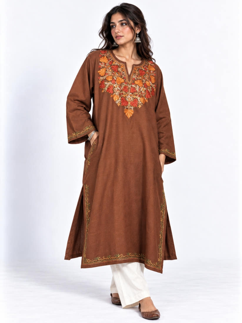 Brown Kashmiri Pheran with Rust Pamposh Embroidery – KAARKASH