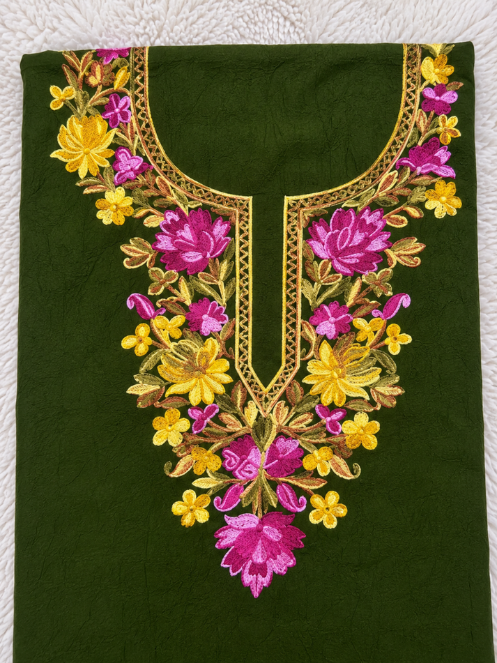 Gul Kashmiri Aari 2 Piece Unstitched Suit  |  Dark Green