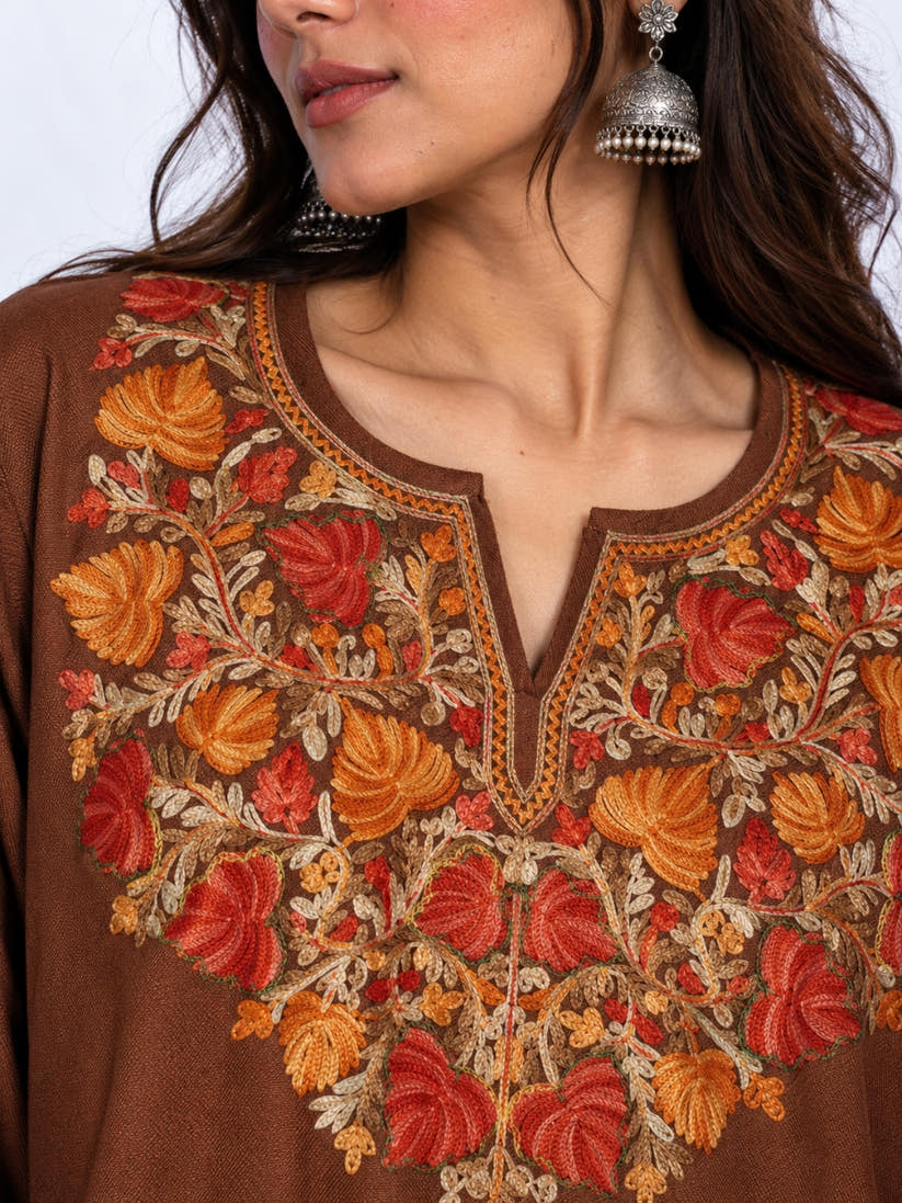 Brown Kashmiri Pheran with Rust Pamposh Embroidery – KAARKASH