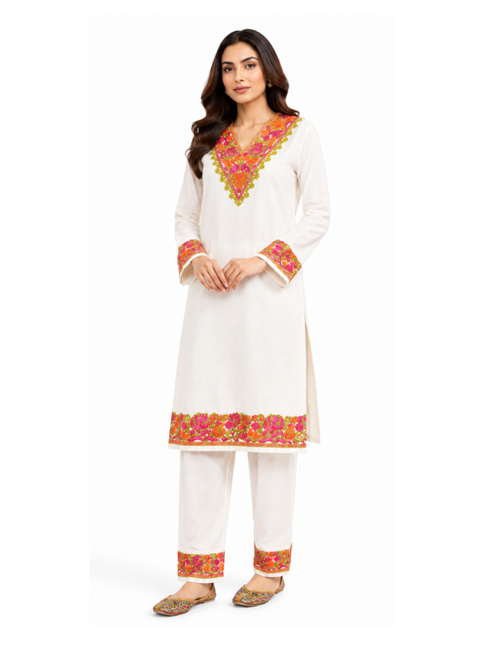 Noor : Kashmiri Aari embroidery summer Co-Ord Set | Light Gray