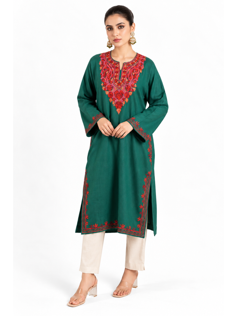Dark Green Kashmiri Pheran with Red Floral Embroidery – KAARKASH