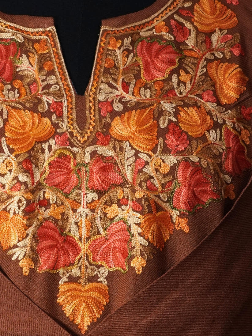 Brown Kashmiri Pheran with Rust Pamposh Embroidery – KAARKASH