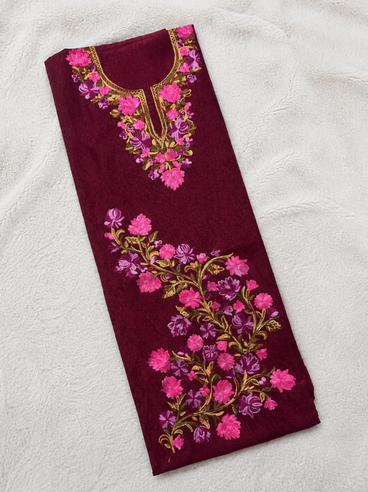 Gul Kashmiri Aari 2 Piece Unstitched Suit  |  Dark Red
