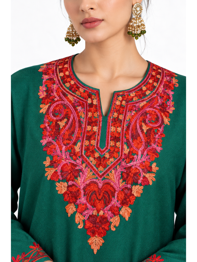 Dark Green Kashmiri Pheran with Red Floral Embroidery – KAARKASH