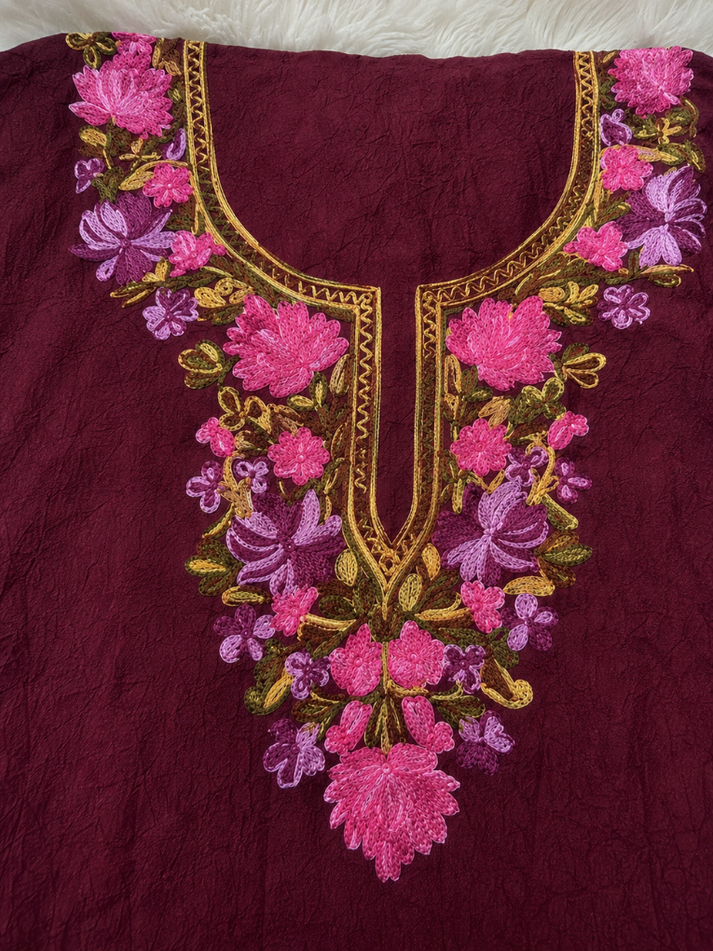 Gul Kashmiri Aari 2 Piece Unstitched Suit  |  Dark Red