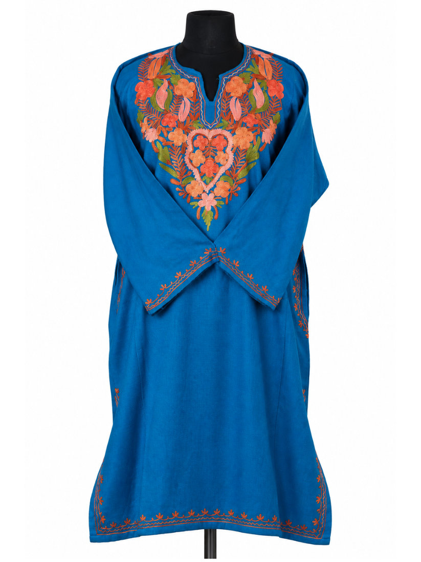 Royal Blue Kashmiri Pheran with Orange Floral Embroidery – KAARKASH