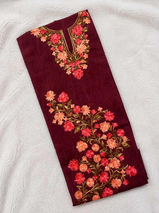 Gul Kashmiri Aari 2 Piece Unstitched Suit  |  Dark Red