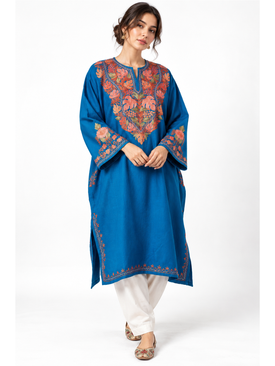 Royal Blue Kashmiri Pheran with Coral Floral Embroidery – KAARKASH