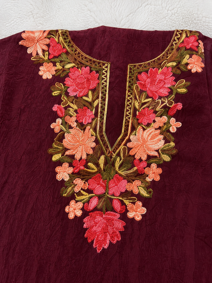 Gul Kashmiri Aari 2 Piece Unstitched Suit  |  Dark Red