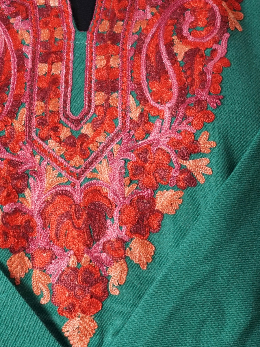 Dark Green Kashmiri Pheran with Red Floral Embroidery | Aari Embroidered Wool Phiran