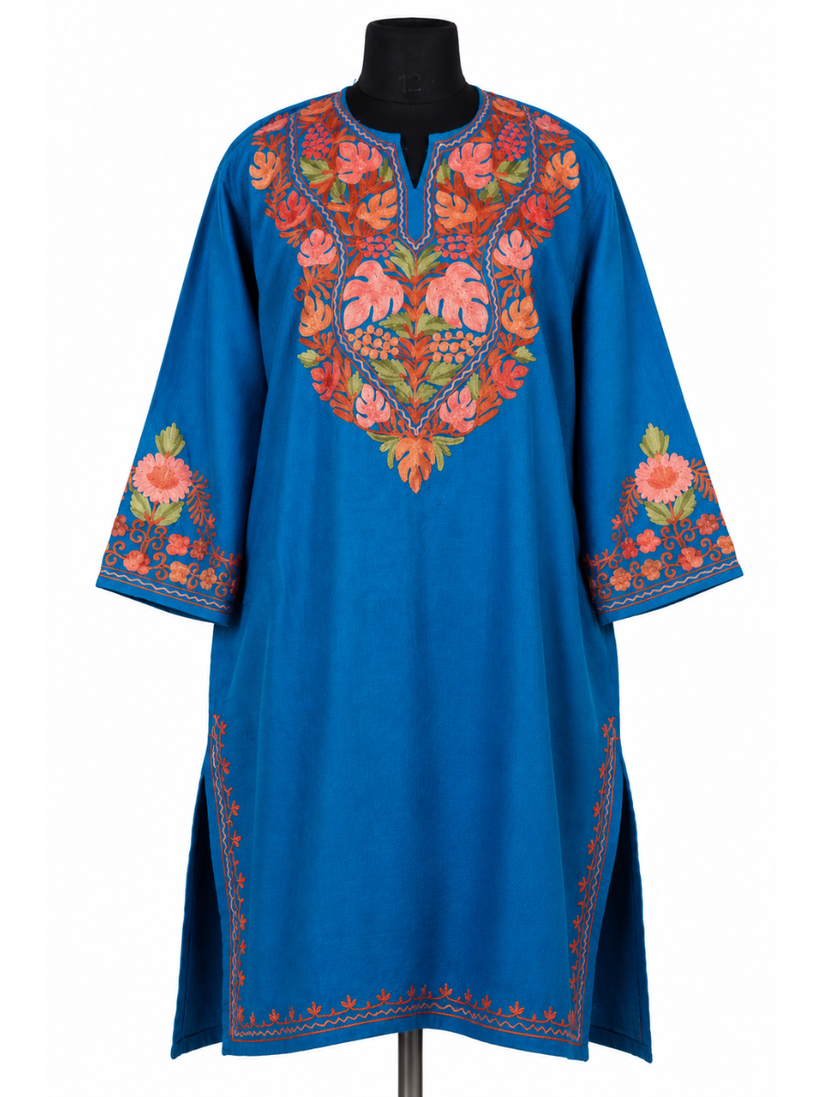 Royal Blue Kashmiri Pheran with Coral Floral Embroidery – KAARKASH